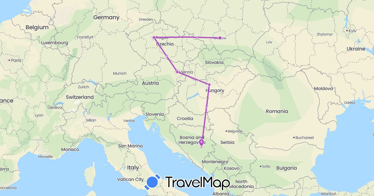 TravelMap itinerary: bus, train in Austria, Bosnia and Herzegovina, Czech Republic, Hungary, Poland (Europe)